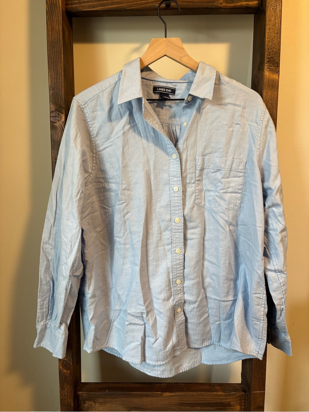 Lands' End Women’s Light Blue Casual Button-Down Shirt - Size 16